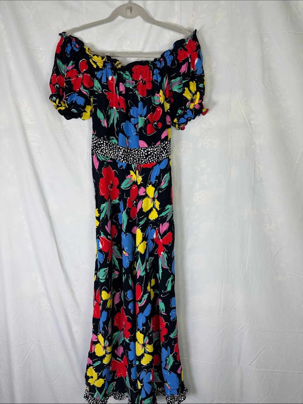 Off-Shoulder Floral Maxi Dress in Black with Multicolor Blooms